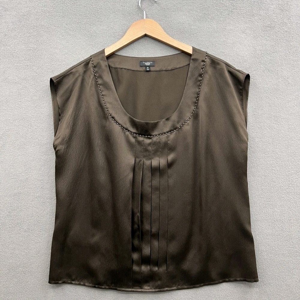 TALBOTS WOMEN'S BROWN 100% SILK BEADED TOP SIZE 14